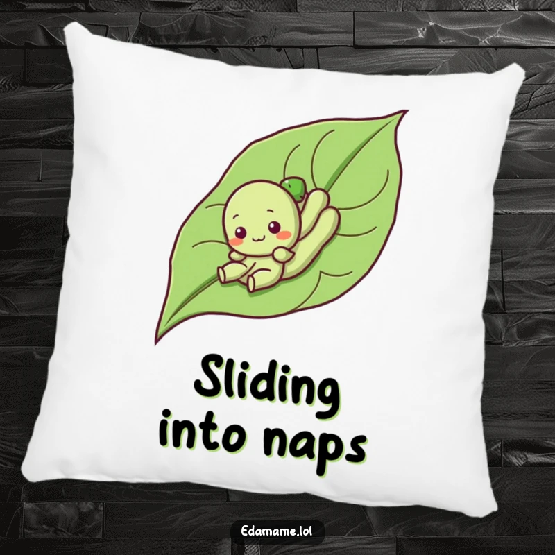 Funny pillow featuring a cute edamame character sliding down a leaf, offering comfort and a dose of humorous, playful charm.