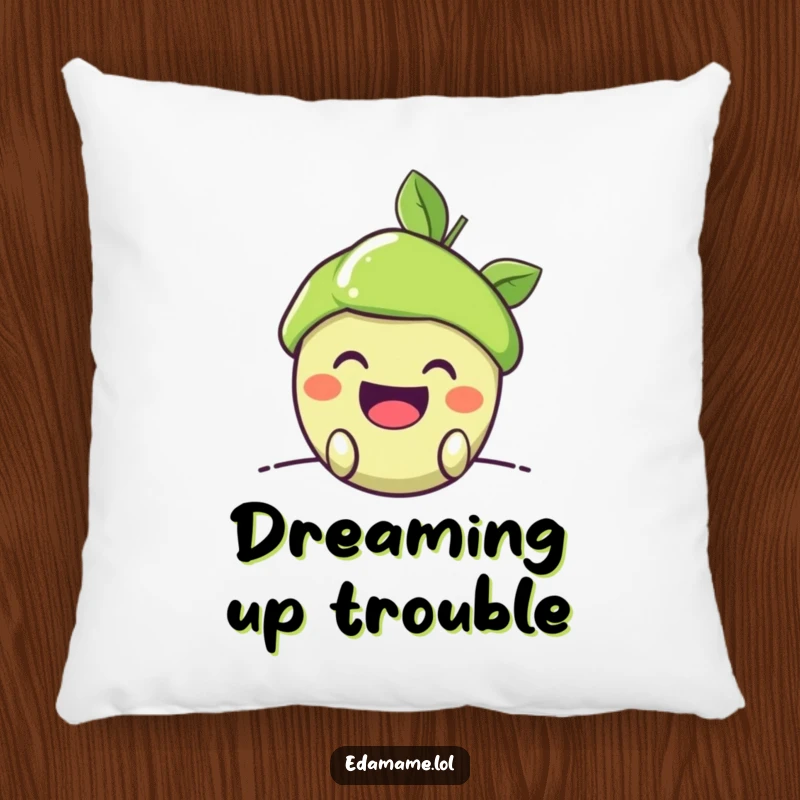 Funny Pillow: A soft cushion featuring a happy edamame pod peeking out with a mischievous grin, offering comfort with a humorous touch.