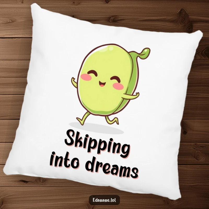 Funny smiling edamame pod with little legs happily skipping, on a soft pillow for a cheerful and funny decorative touch.