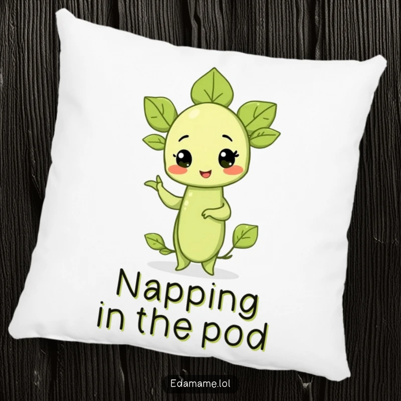 Funny pillow featuring a proud, smiling edamame sprout striking a confident pose, offering comfort and humorous veggie-themed decor.