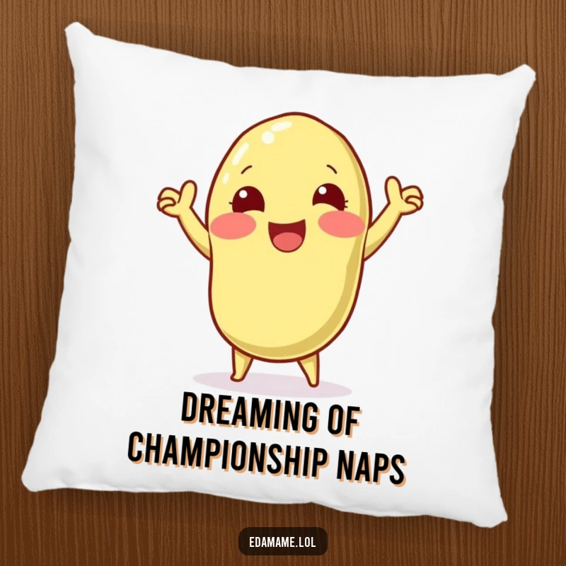 Funny decorative pillow with a happy edamame pod character doing a lively victory dance, bringing comfort and celebratory cheer to any room.
