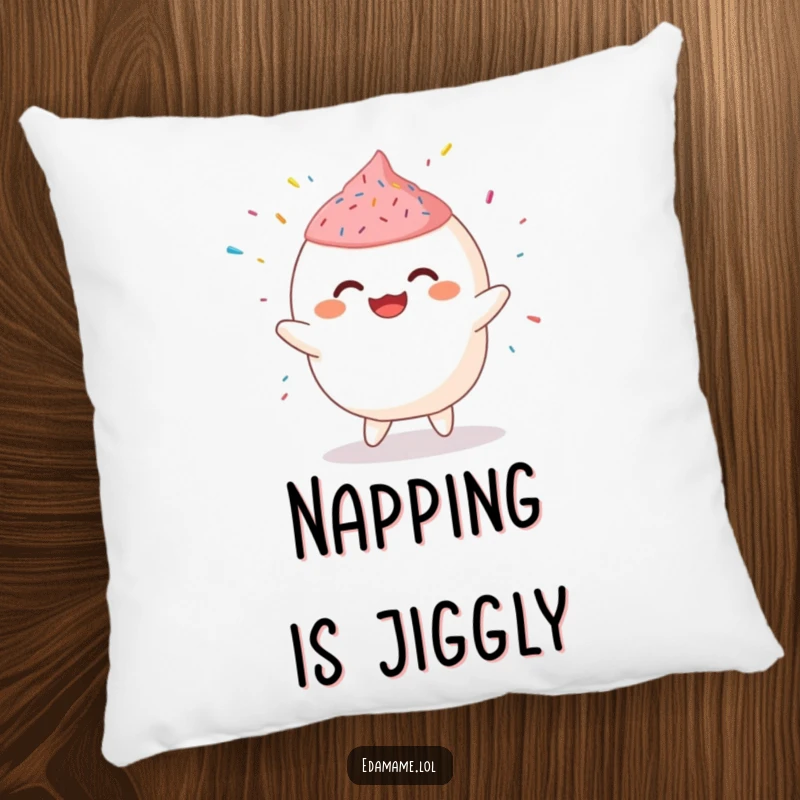 Funny Pillow featuring a giggling mochi character enjoying a bouncy jig, soft, cuddly, and humorous.