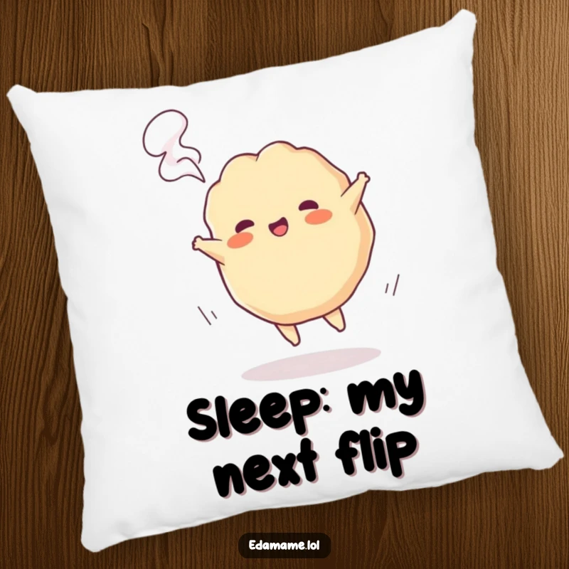Funny pillow with a playful gyoza character cartwheeling with steam, perfect for adding comfort and fun.