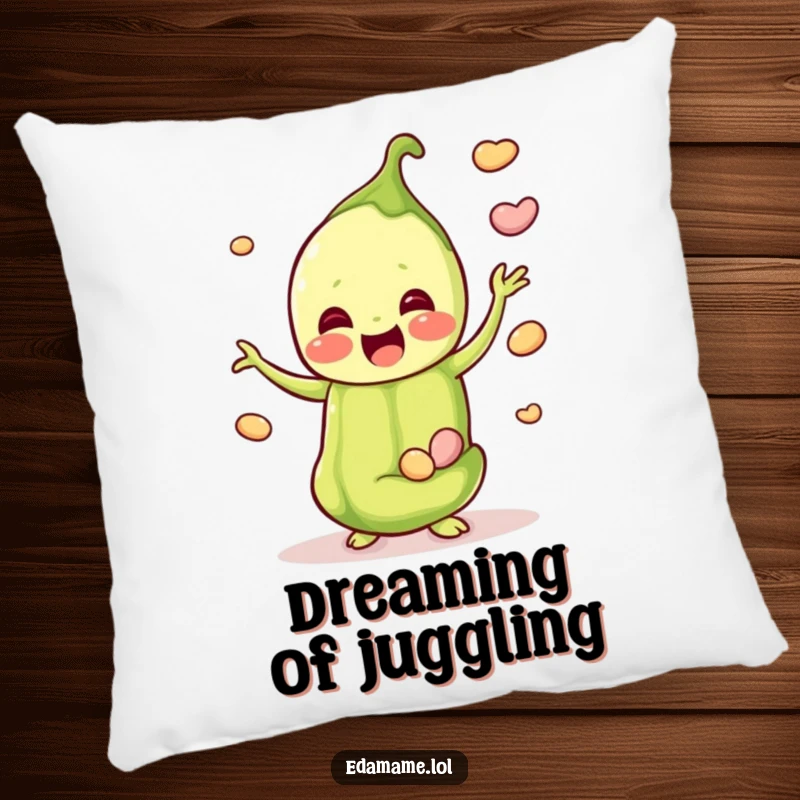 Funny pillow featuring a happy edamame pod juggling beans, providing a soft and humorous decorative element.