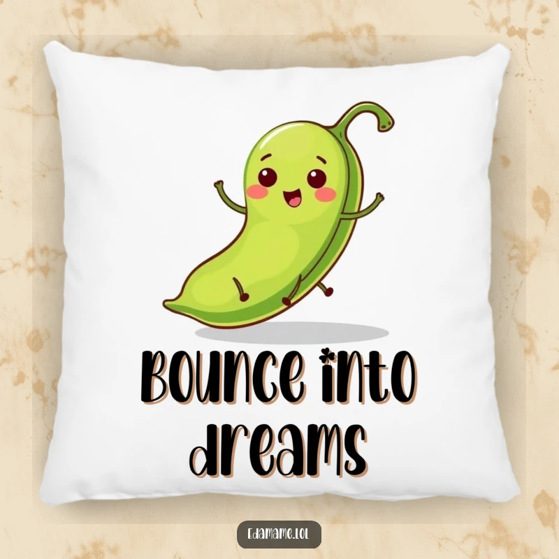 Funny pillow featuring a plush green bean pod with tiny legs caught in a gleeful hop, adding fun to any room.