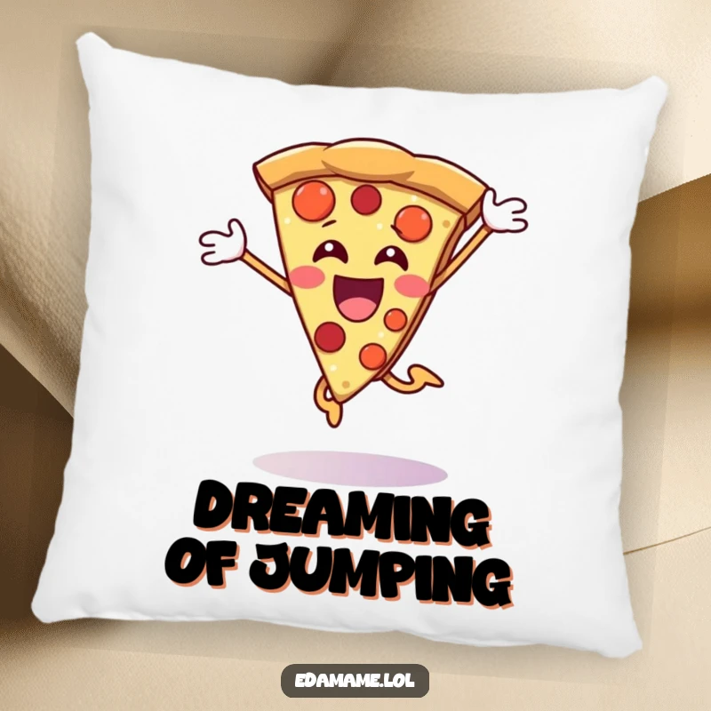 Funny Pizza Slice Pillow featuring a happy character jumping with joy, adding comfort and humor to any room.