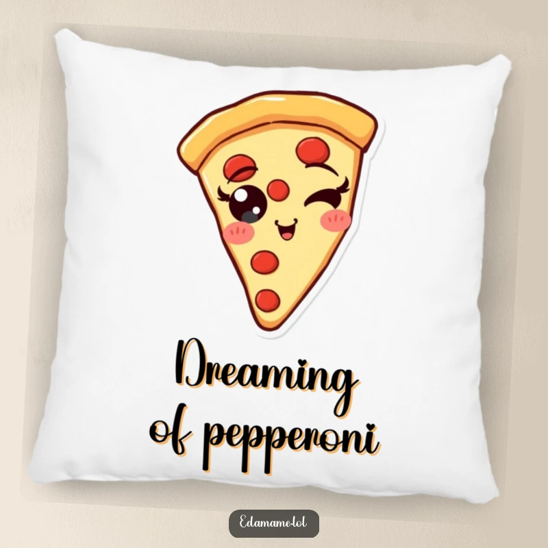 Funny Pizza Slice Pillow with pepperoni eyes winking, a soft and humorous decorative item.