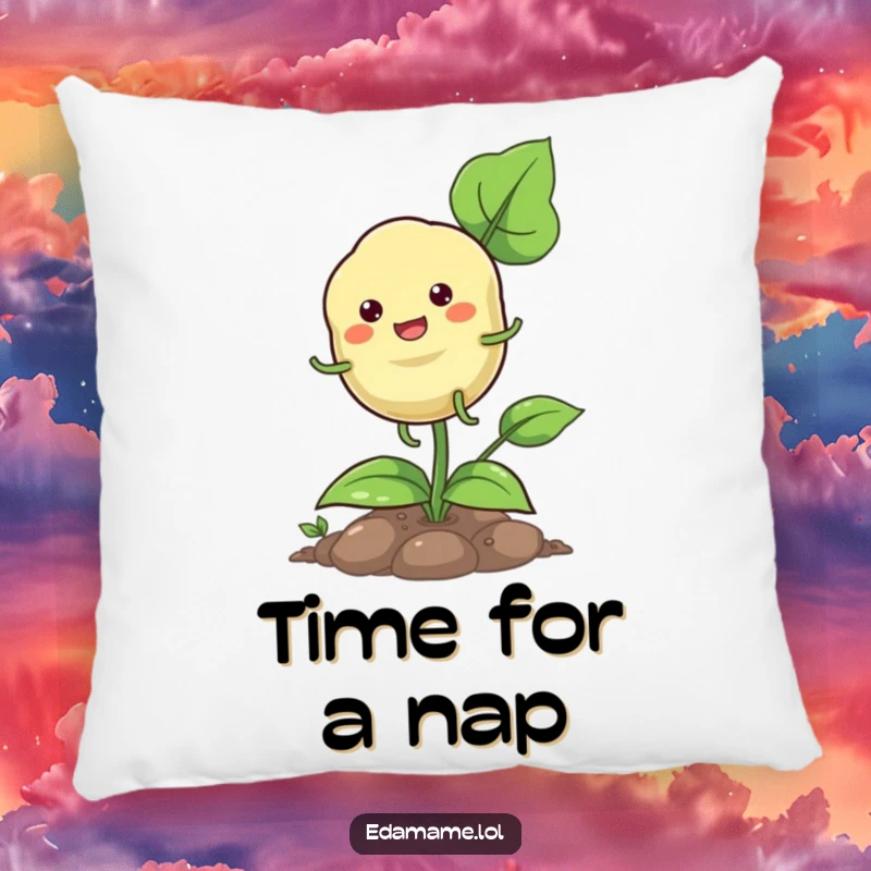 Funny pod hopping pillow showing a happy plant character with small legs, joyfully hopping on its plant.