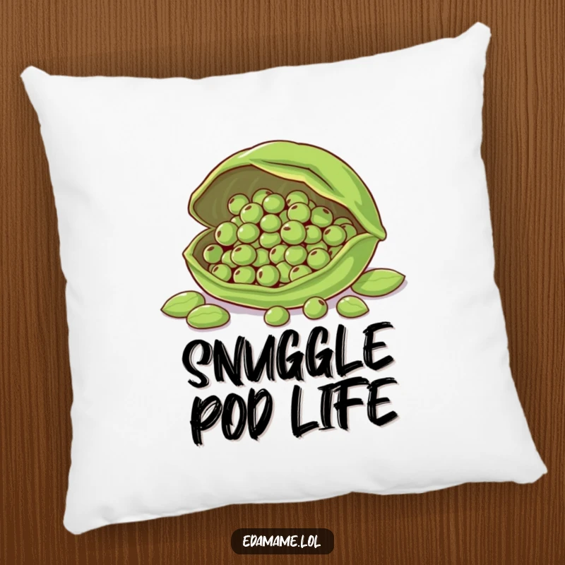 Funny pillow showing a big edamame pod tenderly protecting smaller beans, offering comfort and a smile.
