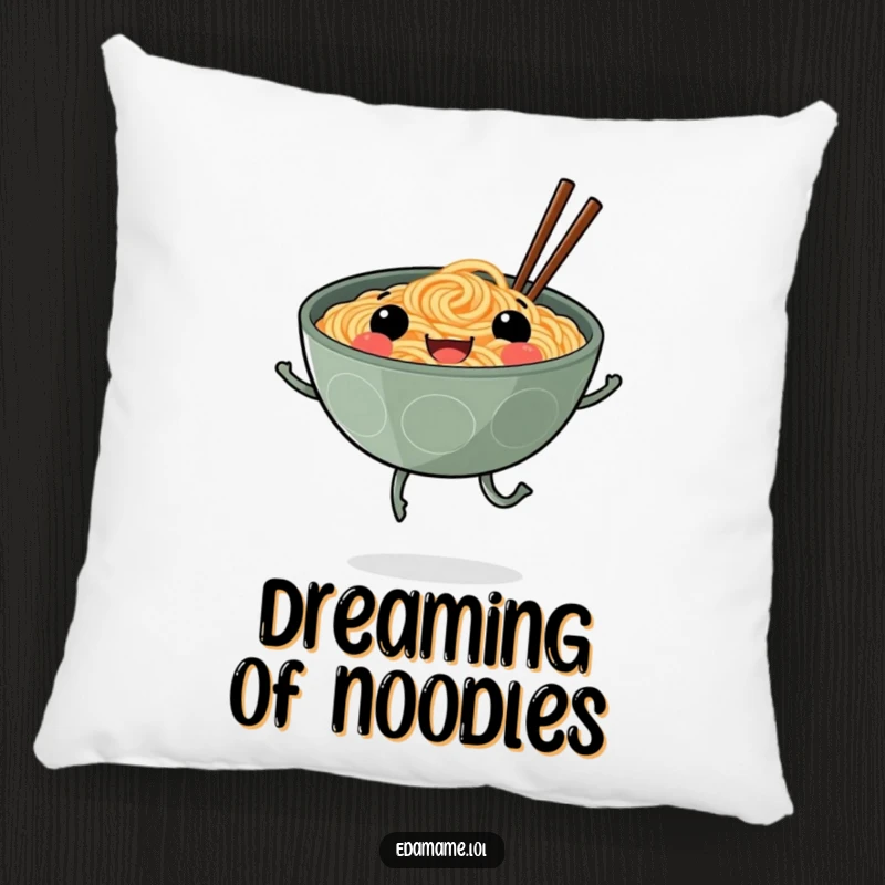 Funny decorative pillow featuring a smiling ramen bowl on legs happily skipping, offering comfort and a playful noodle-themed aesthetic.