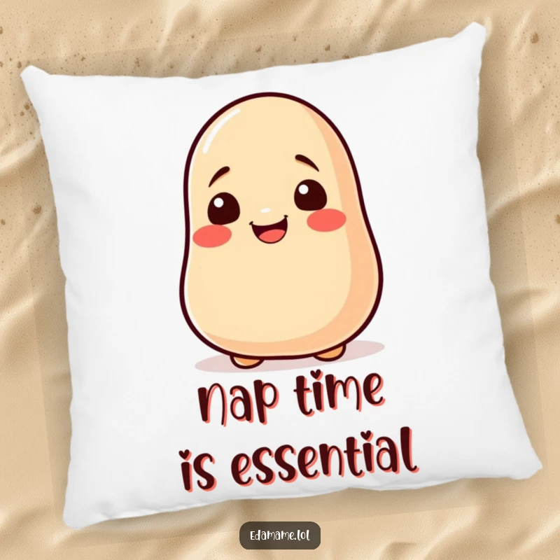 Funny soy bean rolling pillow with a smiling bean character depicted in a state of excited motion.