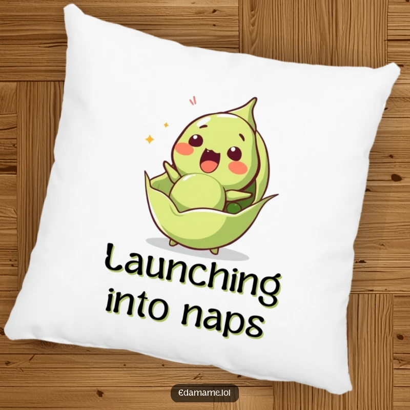 Funny edamame pillow featuring a surprised character being launched from its pod, offering soft comfort and humor.