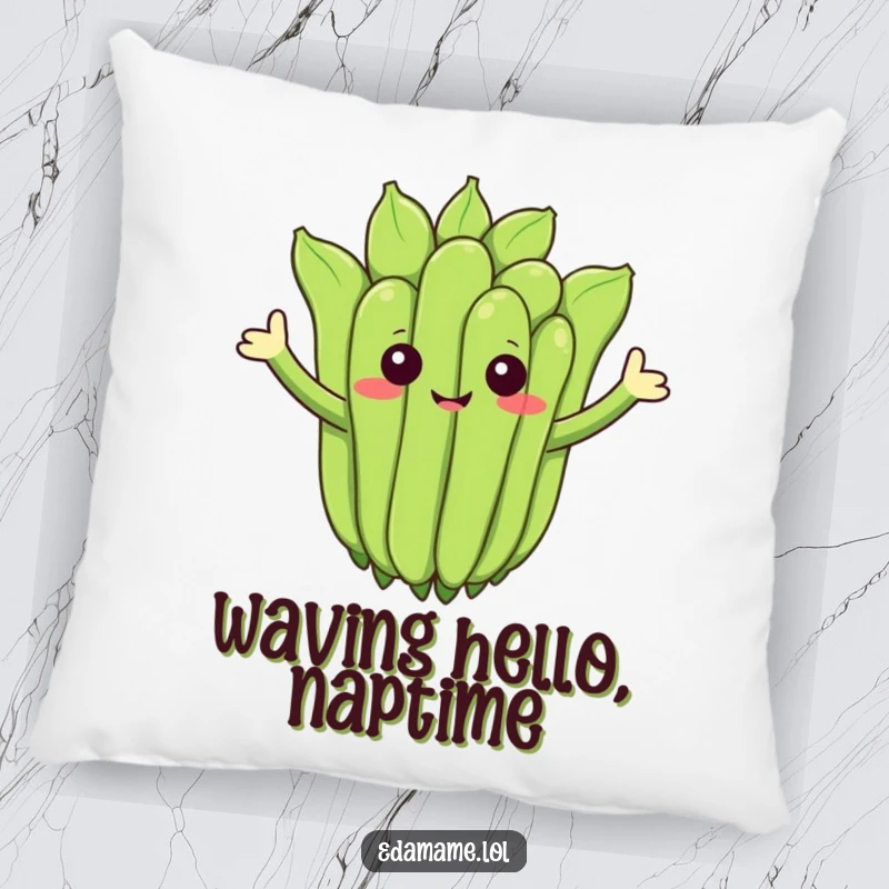 Funny pillow with a cheerful edamame cluster waving, soft and humorous home decor.