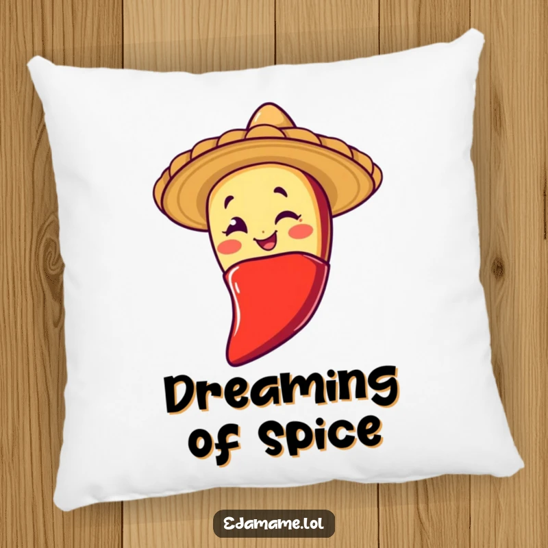 Funny decorative pillow featuring a winking taco character sliding down a chili pepper, offering comfort and a playful, spicy food-themed aesthetic.