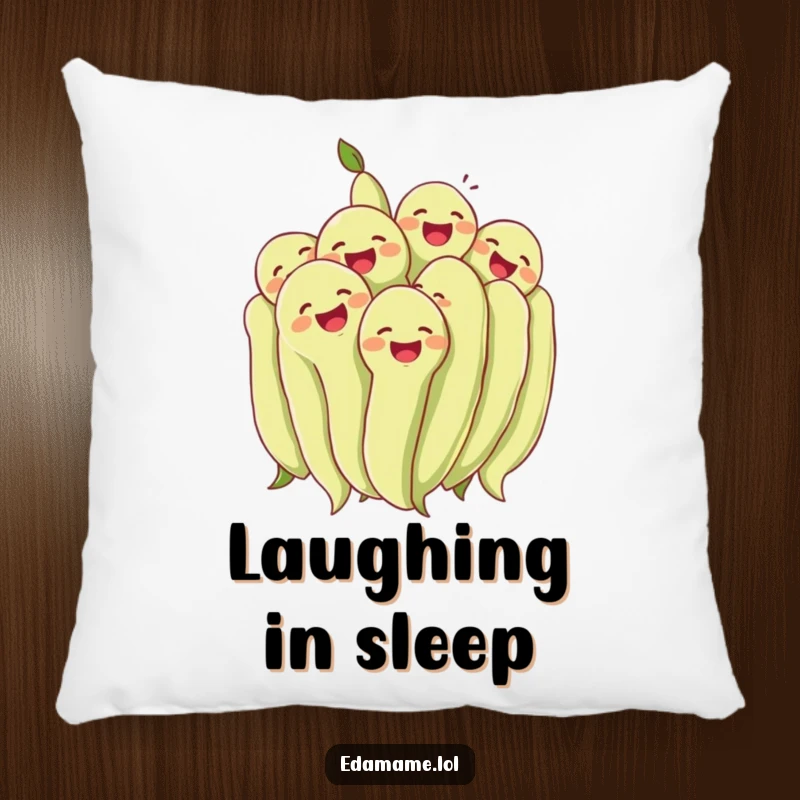 Funny cluster of edamame beans laughing together heartily on a soft pillow. Adds humorous comfort and cheerful charm, great funny gift.