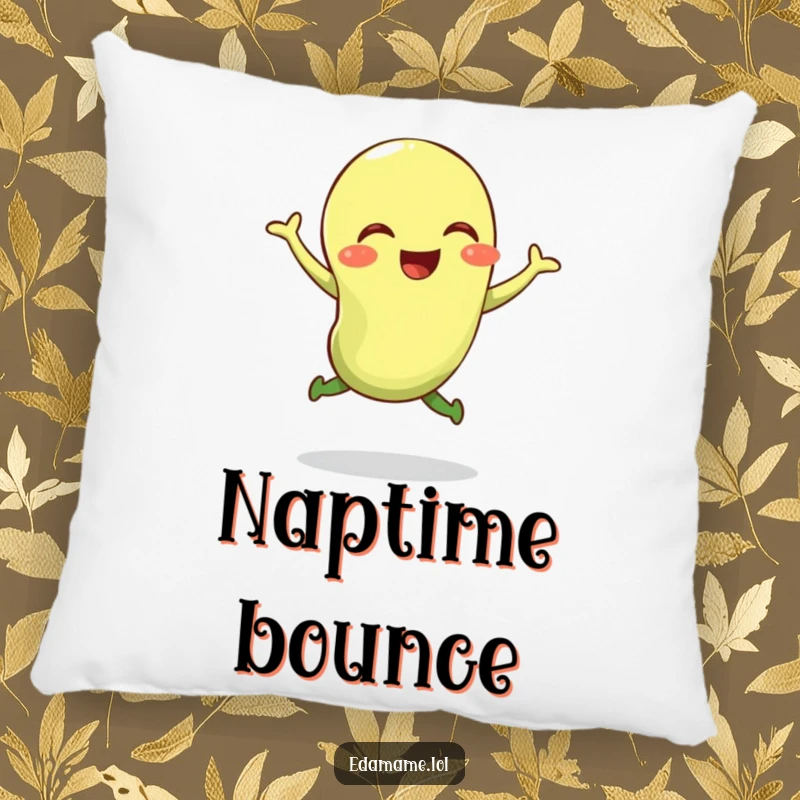 Funny pillow featuring a giggling edamame bean performing a fun, bouncy jump, perfect for cozy relaxation.