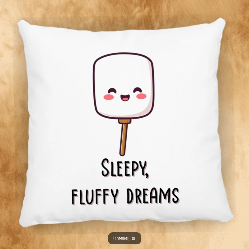 Funny pillow with a cheerful marshmallow character popping off a stick, offering comfort and a humorous, sweet, campfire-themed aesthetic.