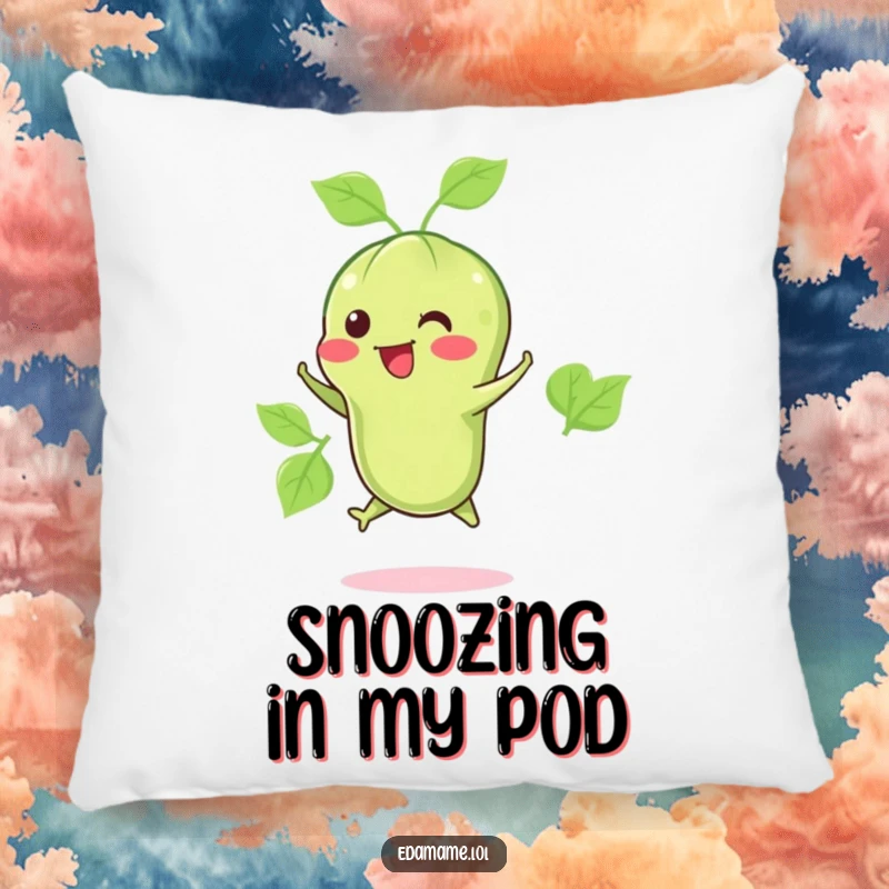 Funny pillow featuring a happy edamame pod in a little jump, offering comfort and a dose of adorable, healthy humor.