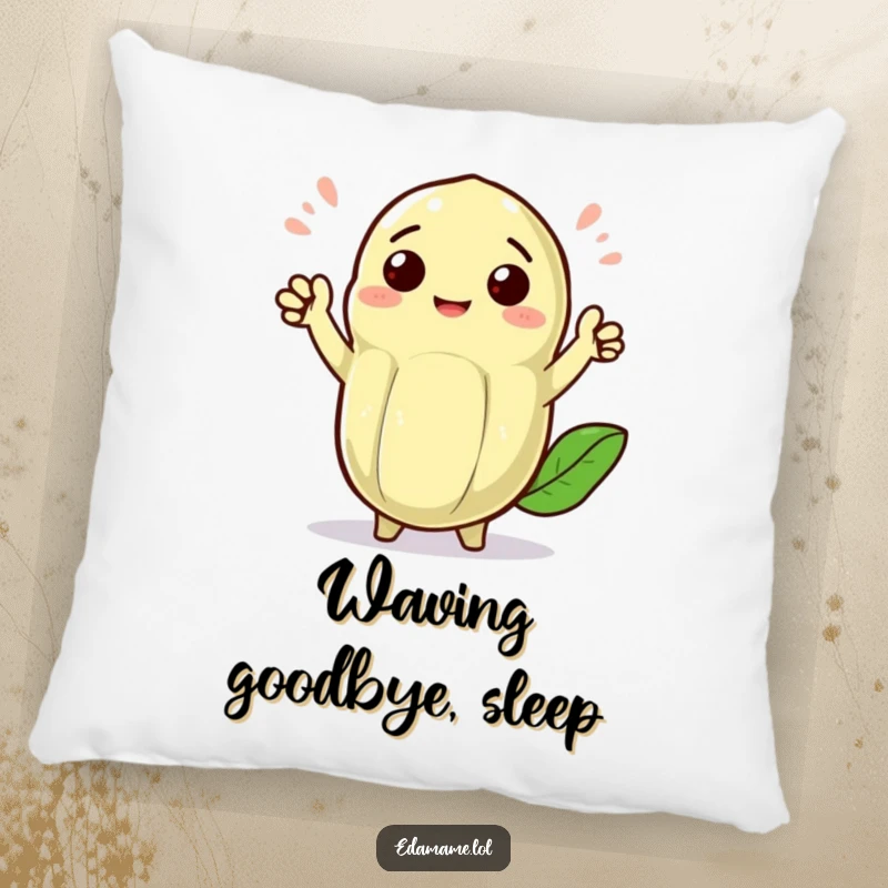 Funny cheerful edamame pod with tiny arms waving enthusiastically, on a soft pillow for a welcoming and funny decorative accent.