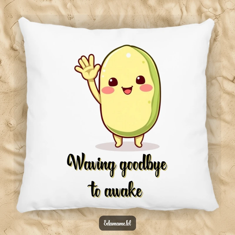 Funny decorative pillow with a cheerful edamame pod character waving enthusiastically, offering comfort and a warm, friendly message.
