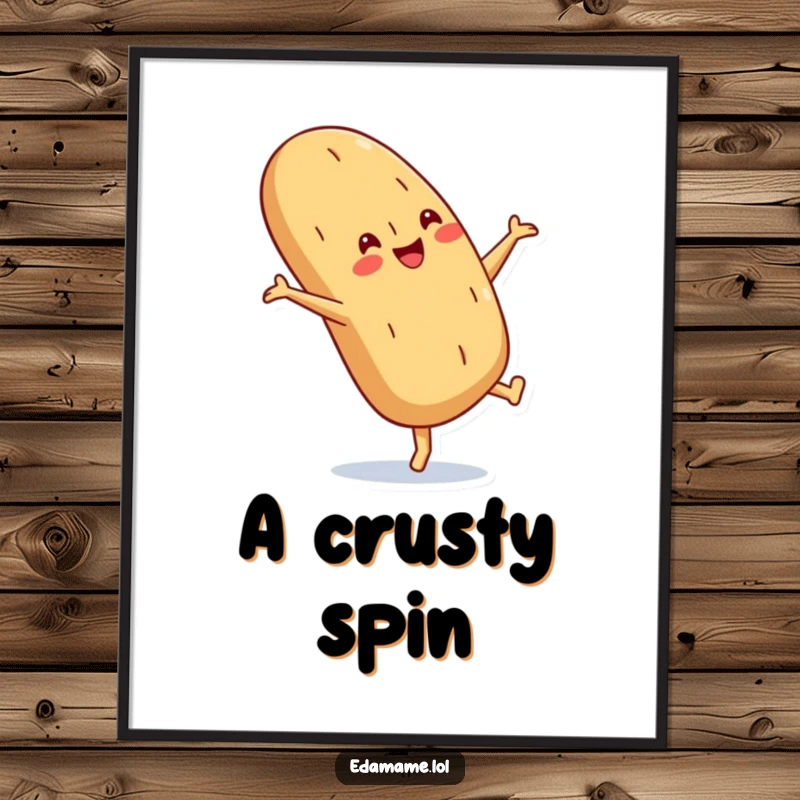 Funny Baguette Digital Art Print with a crusty smile doing a cartwheel, a downloadable piece of cheerful bread humor.