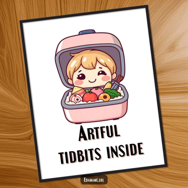 Funny digital art print of a smiling bento box character opening to reveal tiny, happy food items, bringing instant cheer to any digital display.