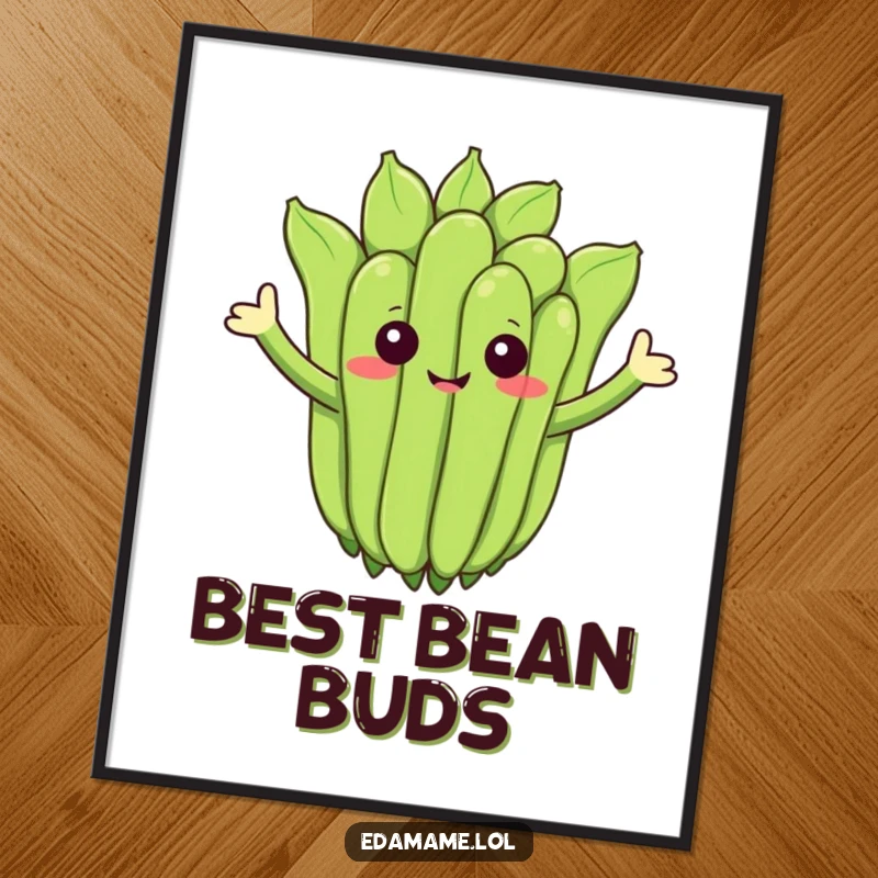 Funny digital art print of a cheerful edamame cluster waving, offering instant humorous decor.