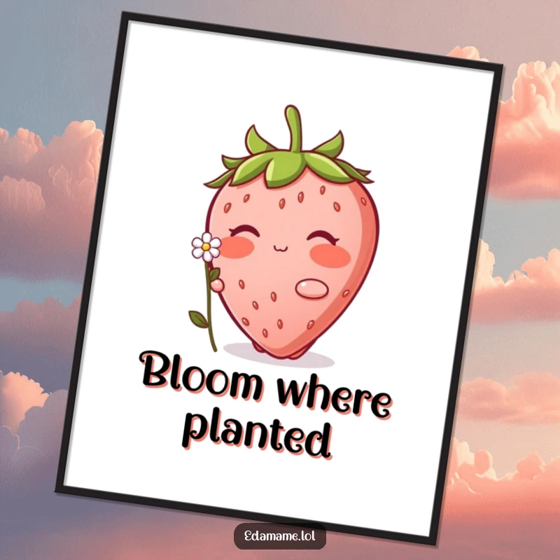 Funny Strawberry Digital Art Print: A vibrant illustration of a blushing strawberry character offering a tiny flower with sweetness.