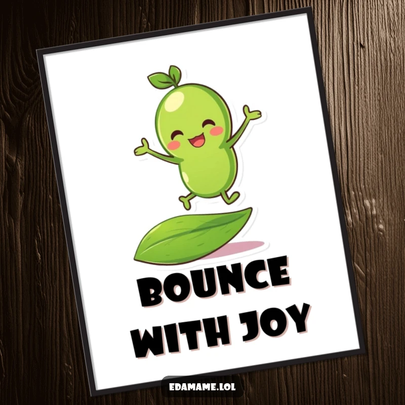 Funny green bean character in a lively bouncing pose on a leaf, available as a high-resolution digital print.
