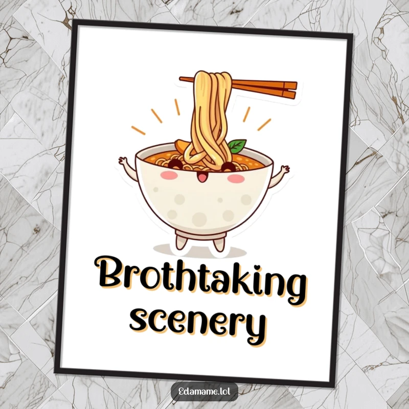 Funny Ramen Bowl Digital Art Print with whimsical Dancing Noodles, instantly downloadable for vibrant wall decor