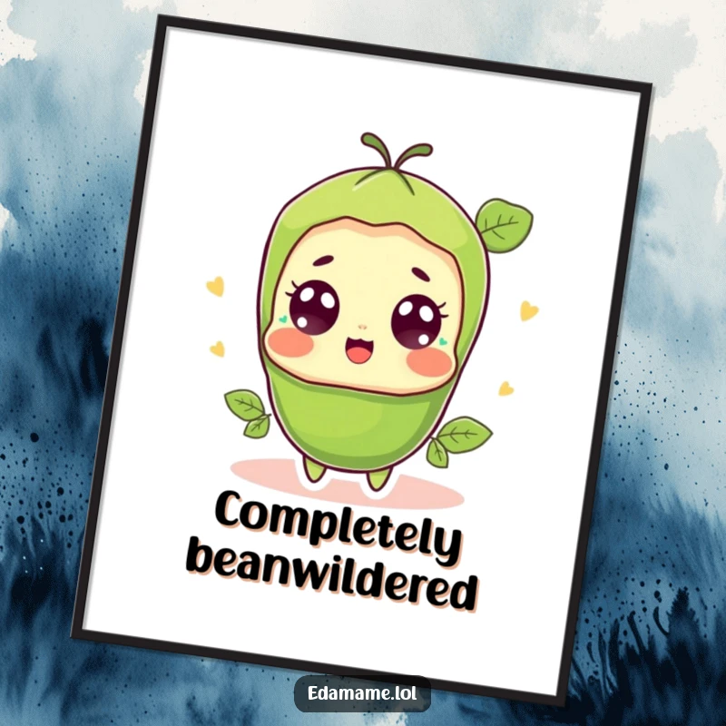 Funny surprised edamame pod digital art print, showing a shocked, happy green bean character with big, wide eyes, for walls.