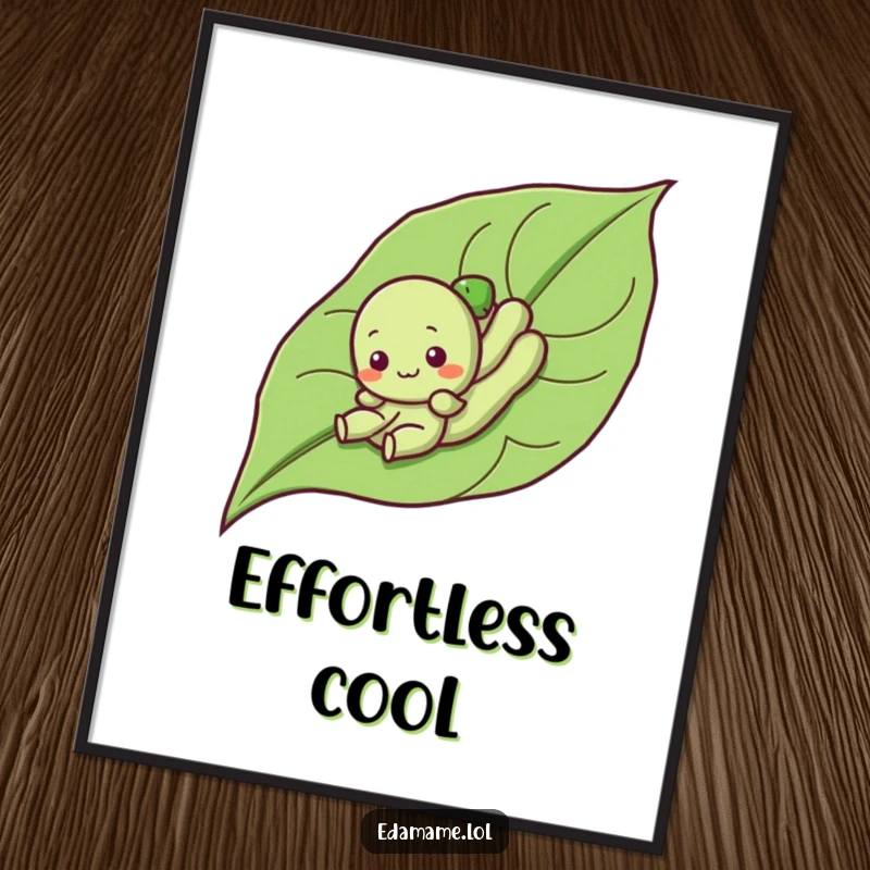 Funny digital art print of a cute edamame character sliding down a leaf, capturing humorous and playful veggie charm.