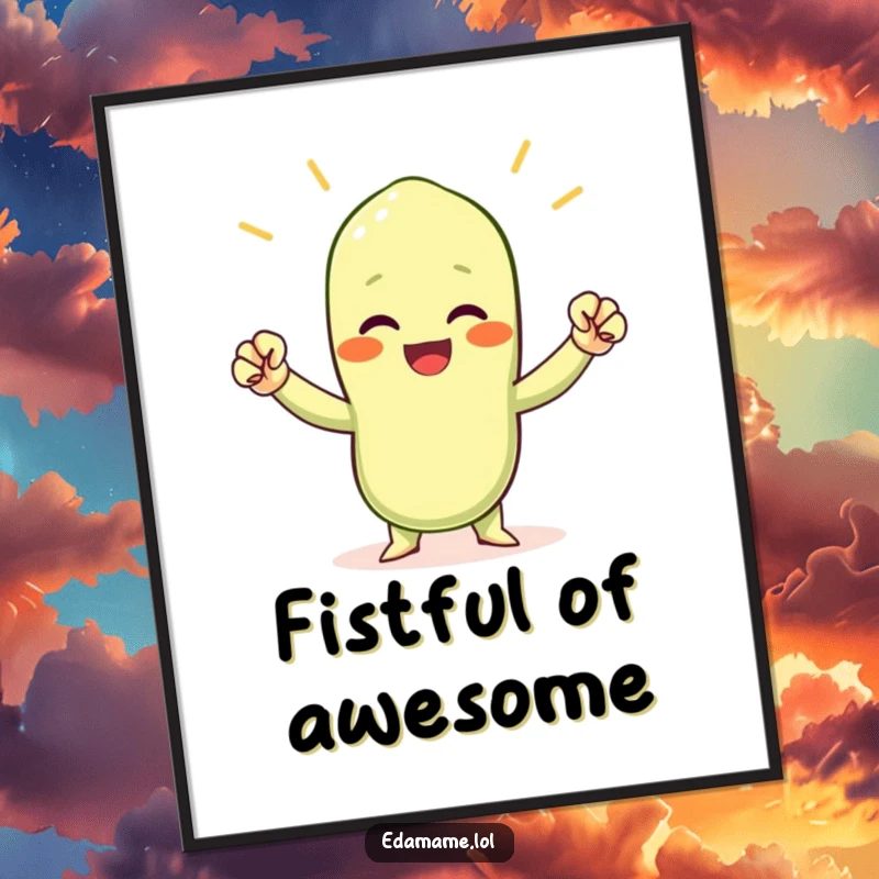 Funny cheering edamame bean digital art print, showing a small green bean character with tiny fists pumped in a victorious, cheerful pose.