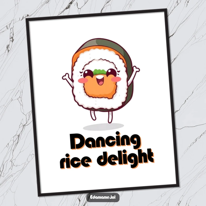 Funny digital art print of a cheerful sushi roll with a face dancing, radiating joy and sushi enthusiasm for vibrant decor.