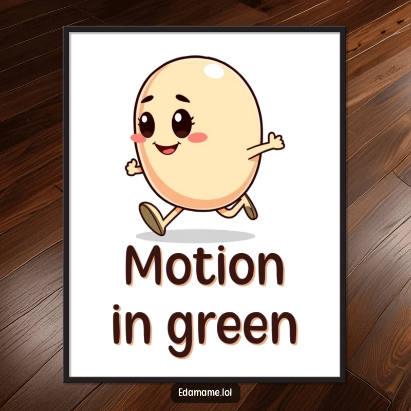 Funny digital art print of a smiling bean character running with intense determination, great for energetic wall decor.