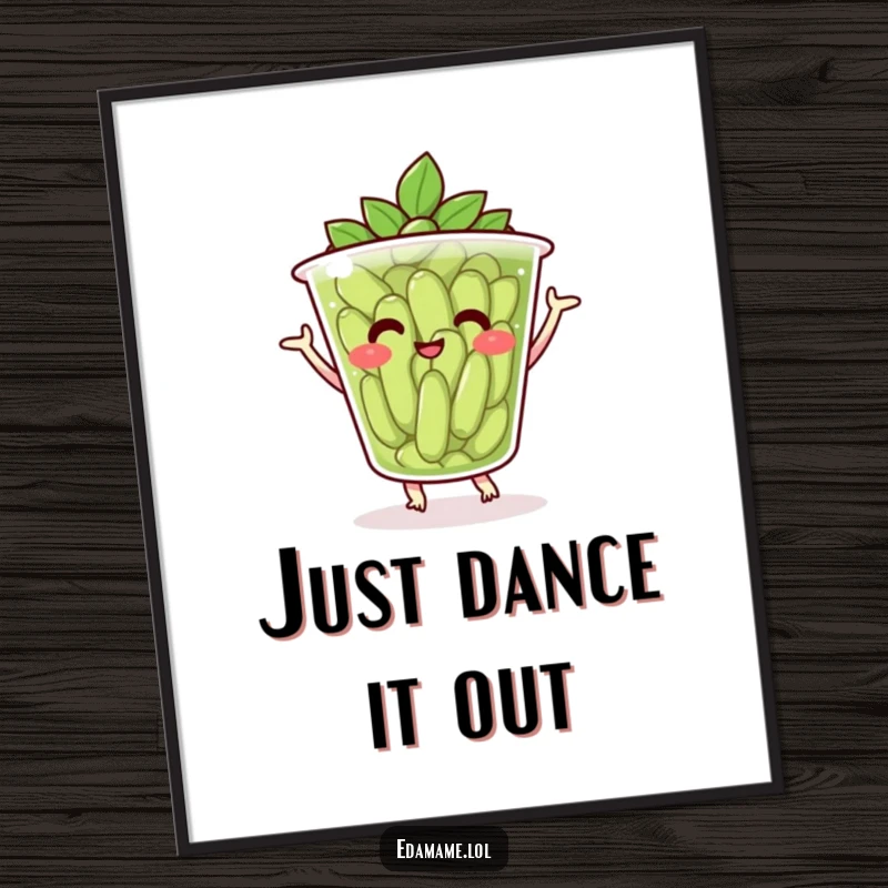 Funny digital art print of a smiling cup of edamame performing a joyful dance, ready to be printed and displayed.