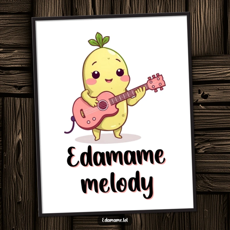 Funny digital art print of an edamame bean rocking out on a tiny guitar, perfect for framing and adding a cool, musical vibe.