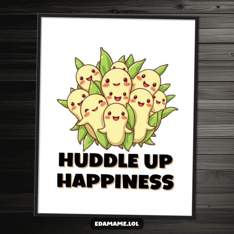 Funny digital art of a group of edamame beans in a cheerful, close huddle, exuding joy and togetherness.