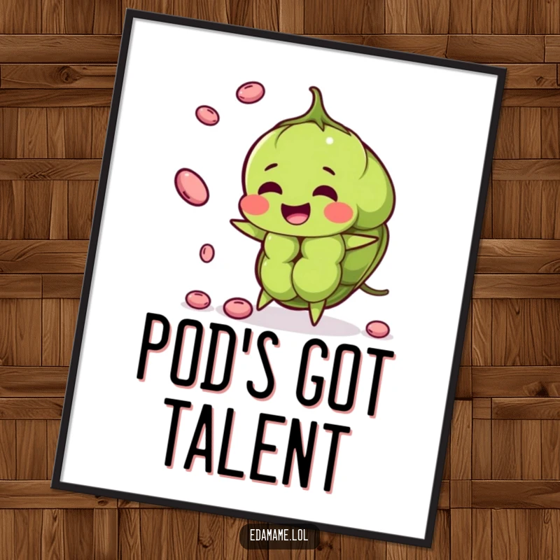 Funny edamame pod digital art print juggling smaller beans, downloadable and vibrant for humorous wall decor.