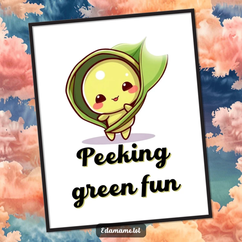 Funny Digital Art: A playful edamame pod character peeks from behind a leaf, perfect for adding instant cute and humorous decor.