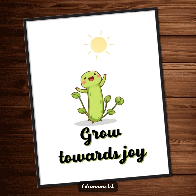 Funny edamame shoot joyfully reaching towards the bright sun, as a printable digital art piece. Instant download for uplifting and humorous decor.