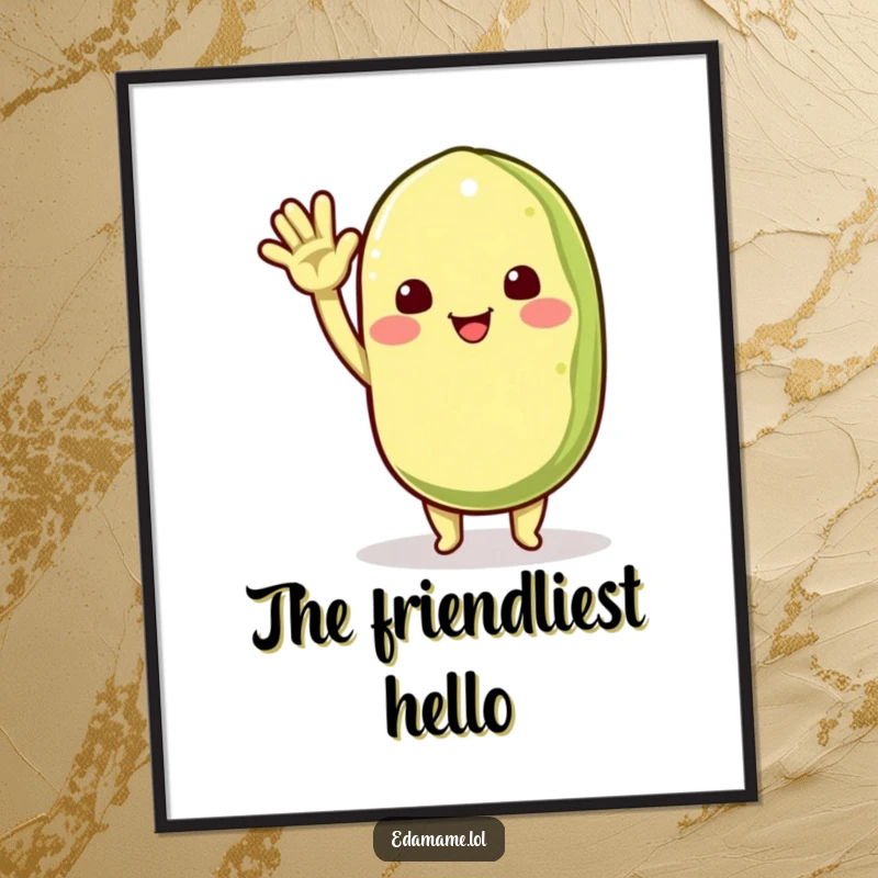 Funny digital art print of a smiling edamame pod character waving enthusiastically, offering instant cheerful decor and a welcoming charm.