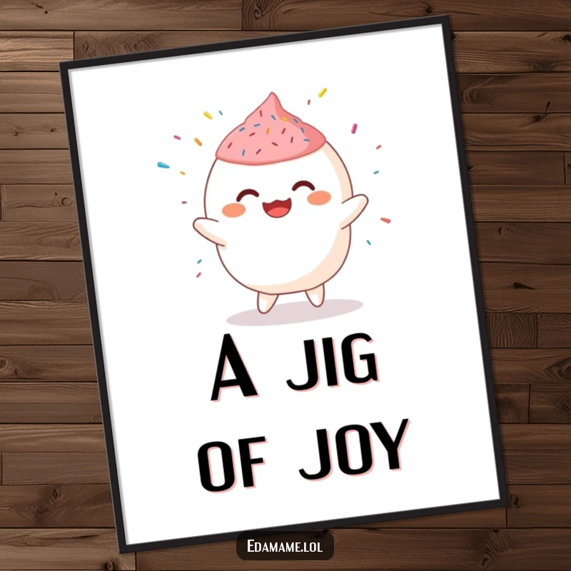 Funny Digital Art Print of a giggling mochi character doing a bouncy jig with sprinkles, bringing sweet, instant cheer.