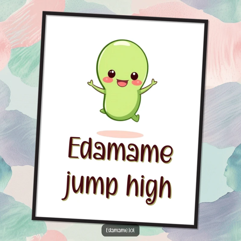 Funny happy edamame bean digital art print, a joyful edamame jumping from its pod, instant printable art.