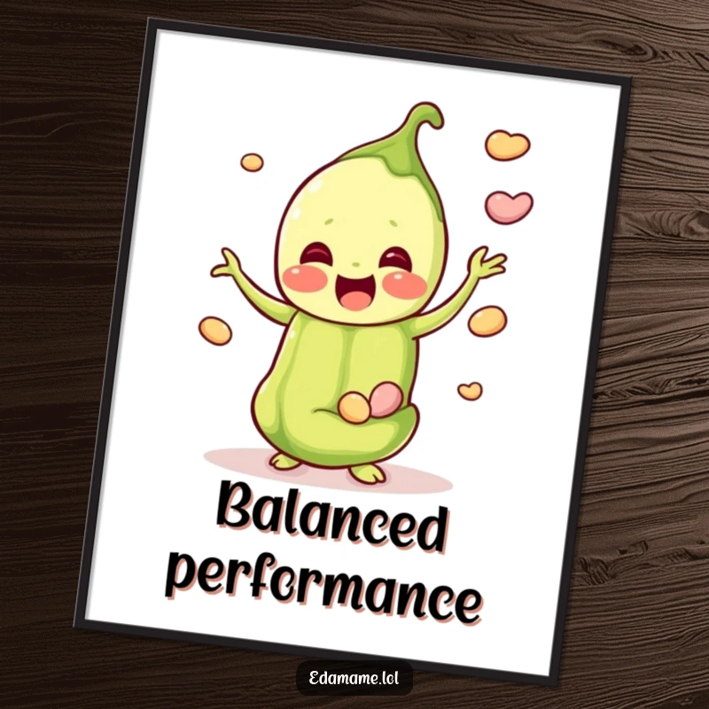 Funny digital art print of a happy edamame pod juggling smaller beans, perfect for instant, cheerful wall decor.