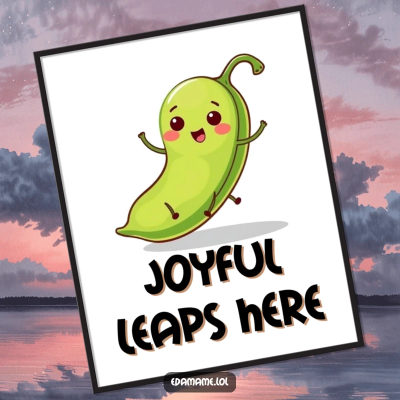 Funny digital art print of a bright green bean pod with tiny legs, joyfully hopping with infectious enthusiasm.