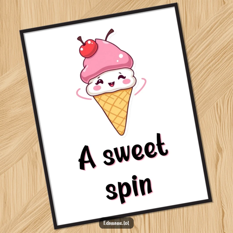 Funny Ice Cream Cone Digital Art Print of a cherry hat spinning energetically, a downloadable piece of cheerful humor.