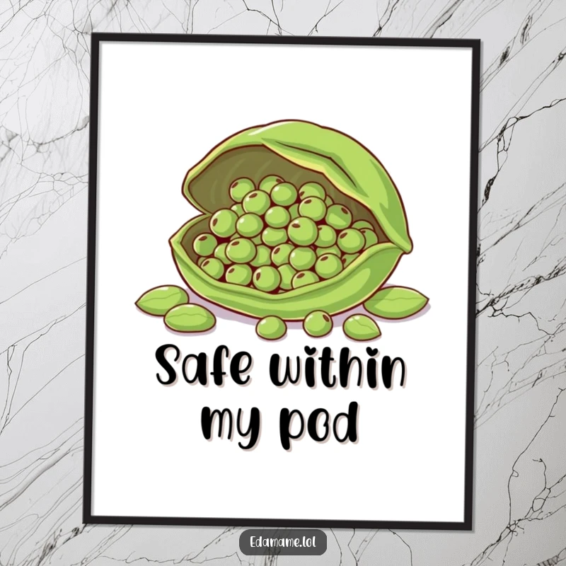 Funny digital art print of a large edamame pod protecting smaller beans, symbolizing care and family.