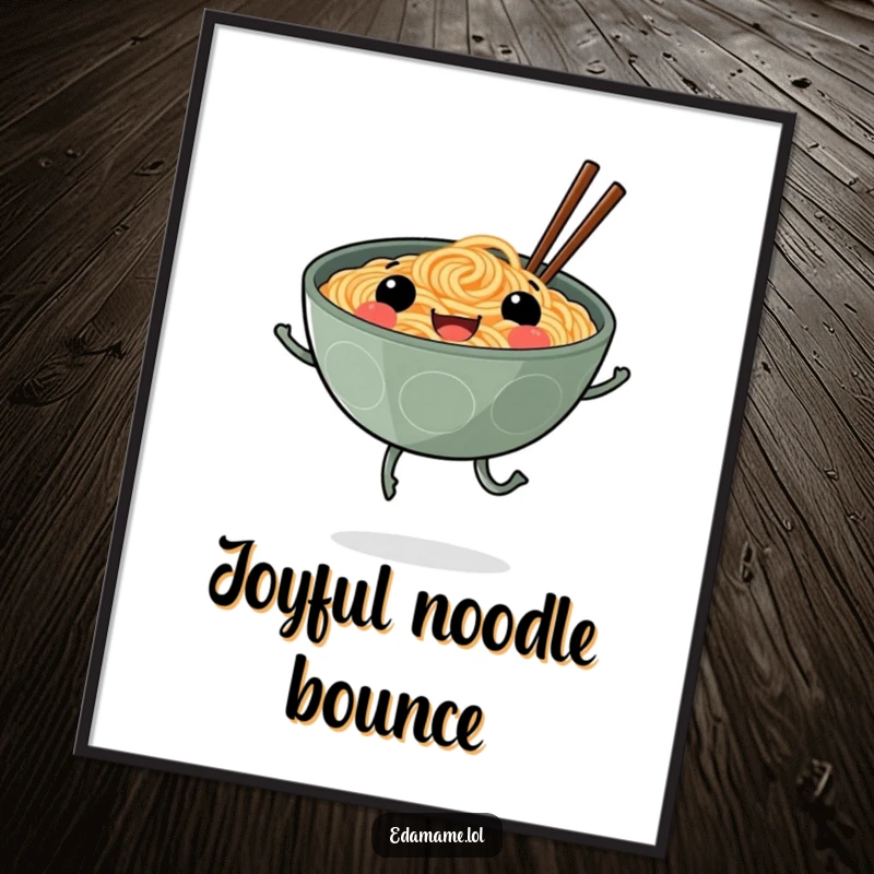 Funny digital art print of a smiling ramen bowl with legs skipping, radiating joy and noodle enthusiasm for vibrant decor.