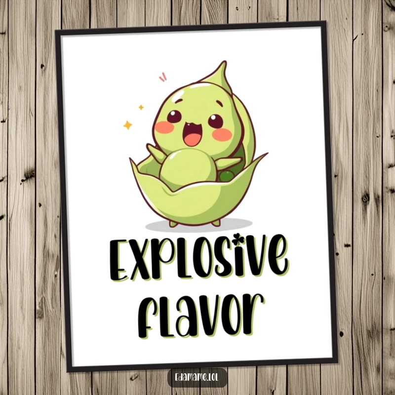 Funny edamame digital art print of a surprised character launching from its pod, perfect for instant dramatic decor.